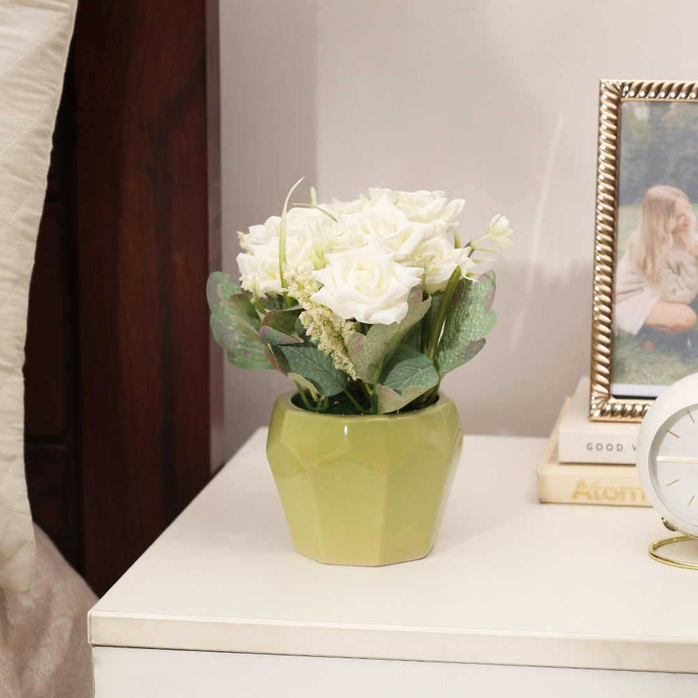 Roses Artificial Potted Plant - White Yellow