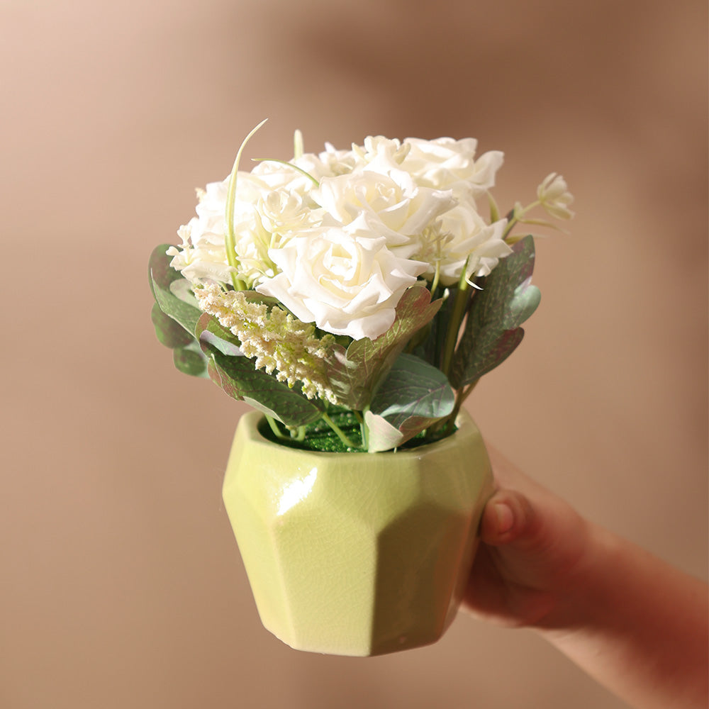 Roses Artificial Potted Plant - White Yellow