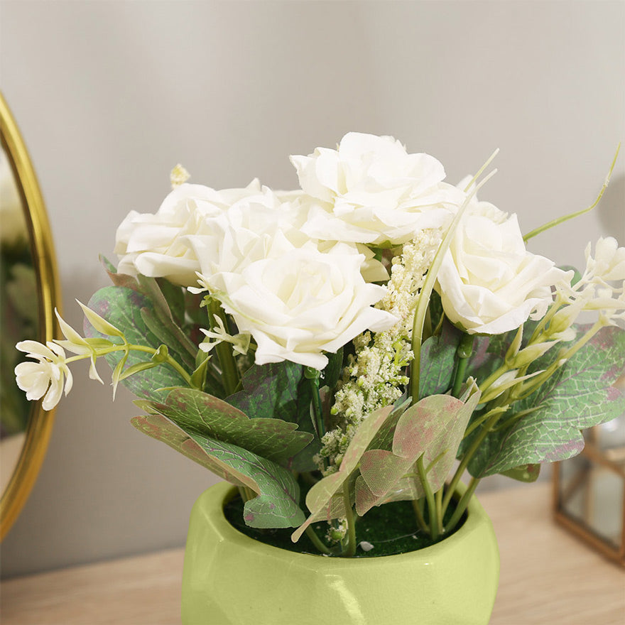 Roses Artificial Potted Plant - White Green