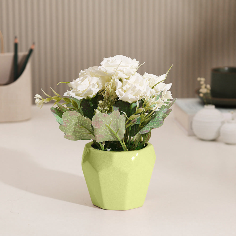 Roses Artificial Potted Plant - White Green