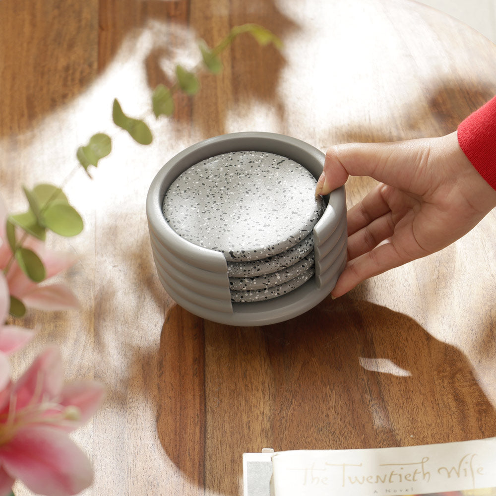 Round Concrete Coasters with Holder, Set of 4 - Speckled Grey
