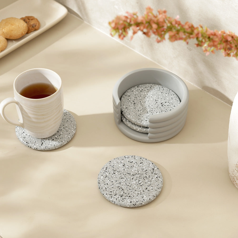 Round Concrete Coasters with Holder, Set of 4 - Speckled Grey