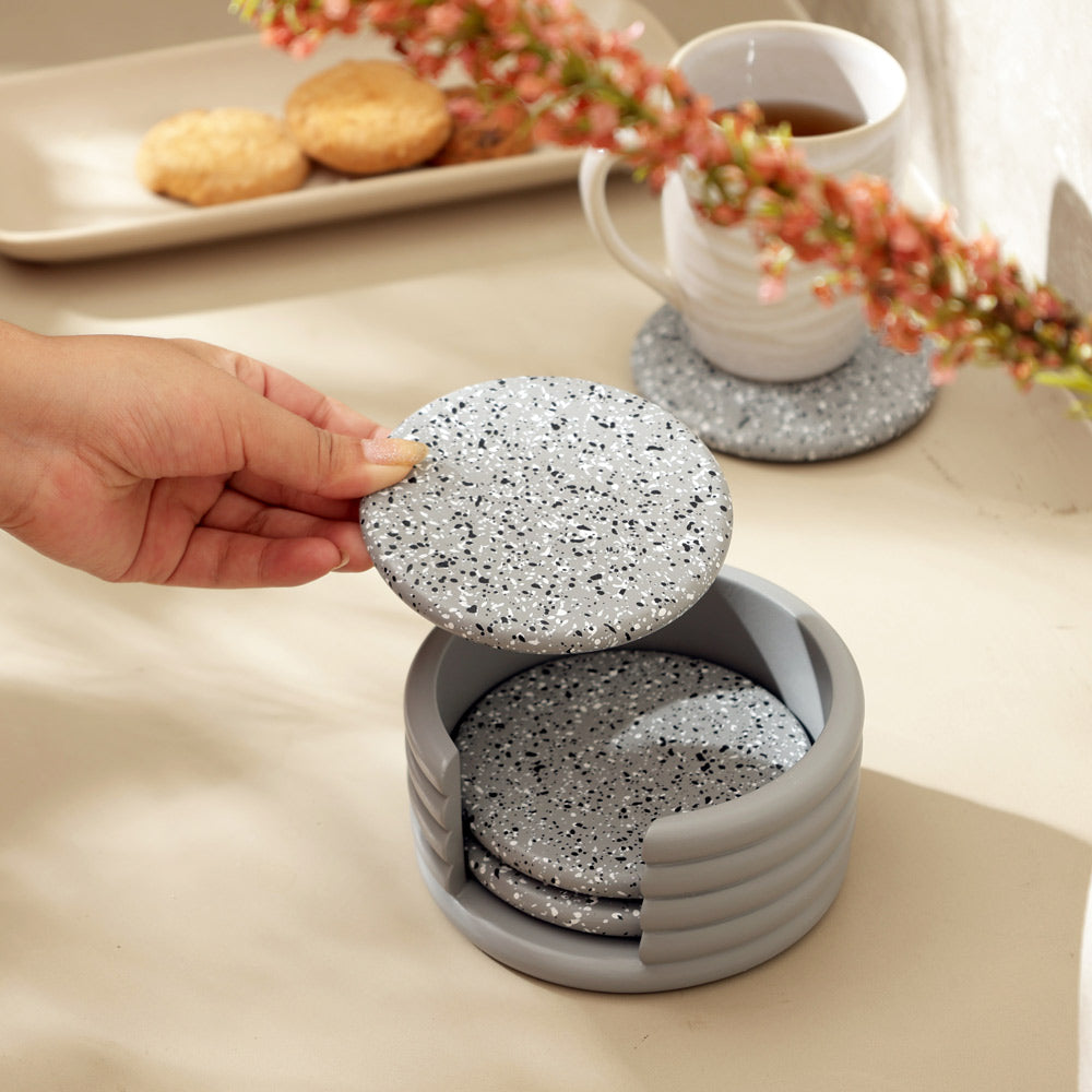 Round Concrete Coasters with Holder, Set of 4 - Speckled Grey