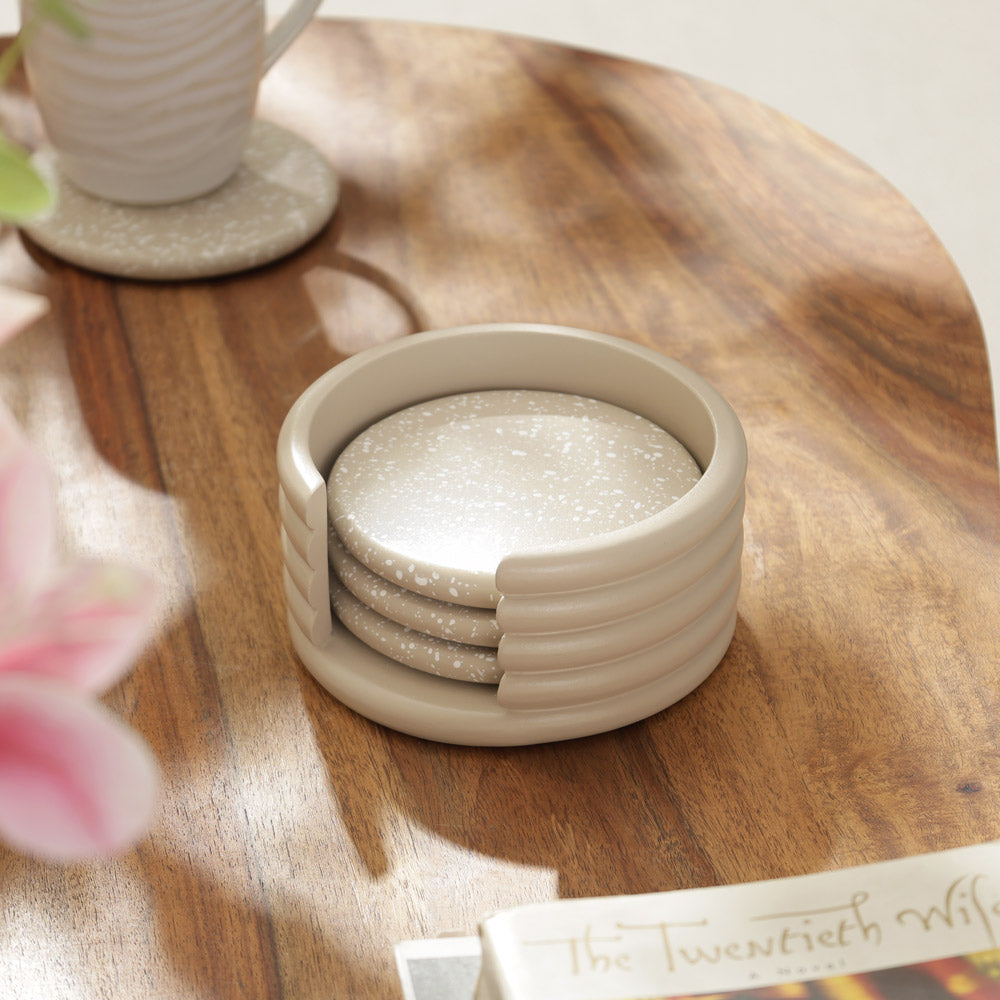 Round Concrete Coasters with Holder, Set of 4 - Speckled Taupe