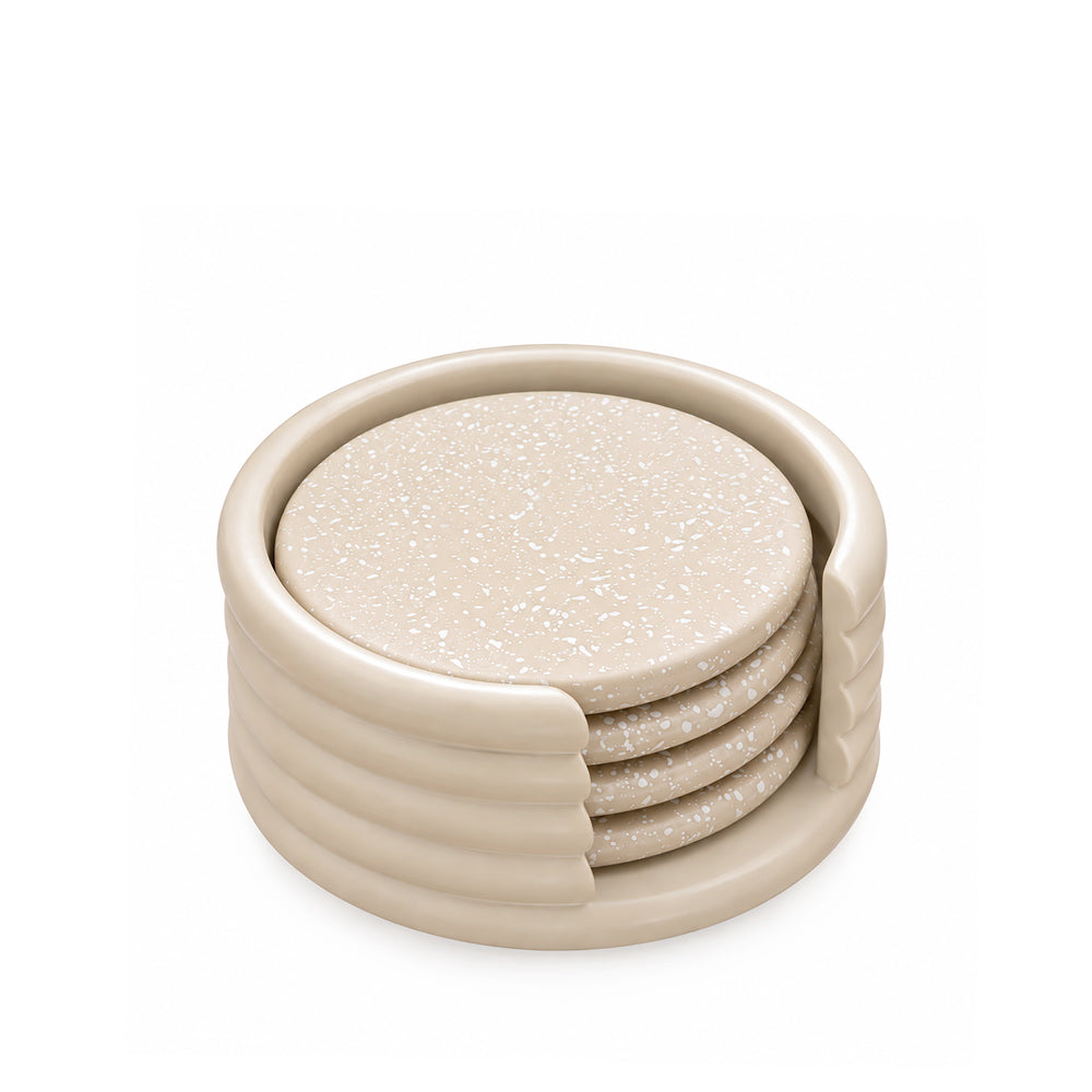 Round Concrete Coasters with Holder, Set of 4 - Speckled Taupe