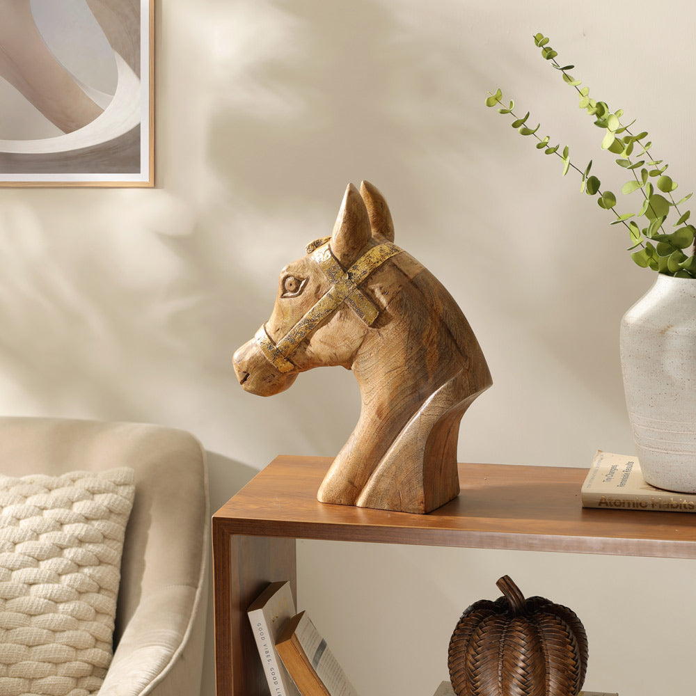 Royal Horse Mango Wood Bust - Natural Burn