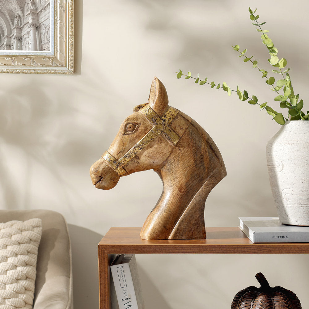 Royal Horse Mango Wood Bust - Natural Burn