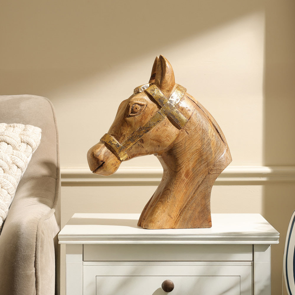 Royal Horse Mango Wood Bust - Natural Burn