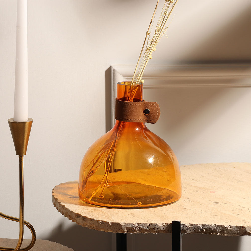 Russo Glass Vase with Leather Trim Medium - Mustard