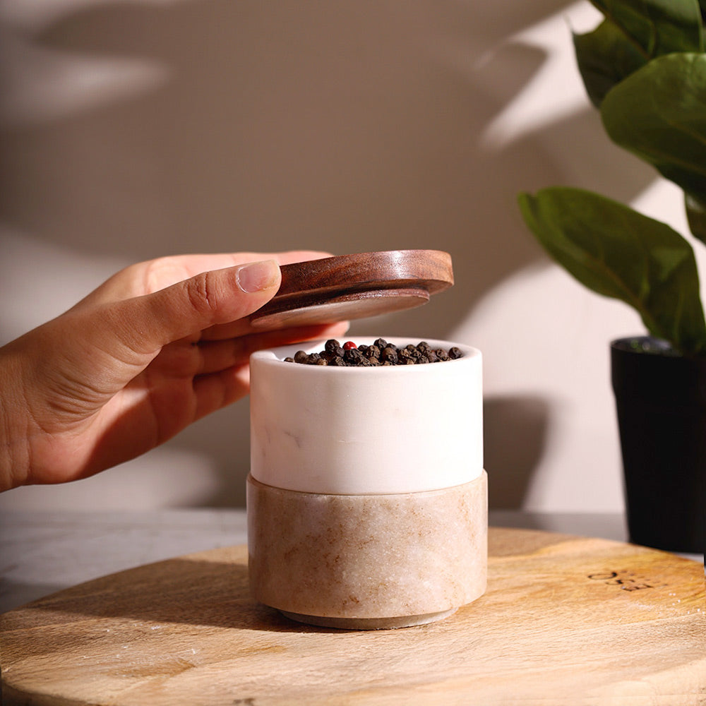 Stacked Marble Condiment Jars - White & Beige