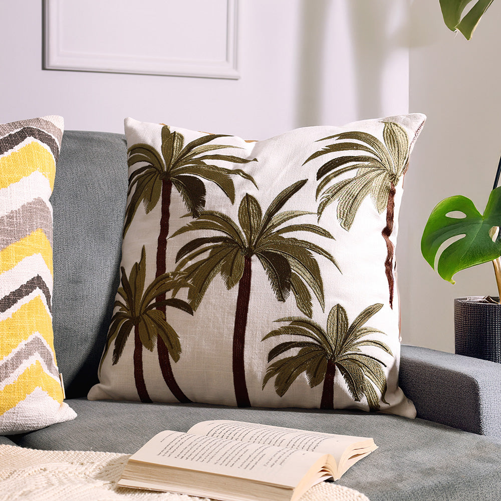 Palm Jungle Embroidered Cushion Cover 45x45cm - Green Brown