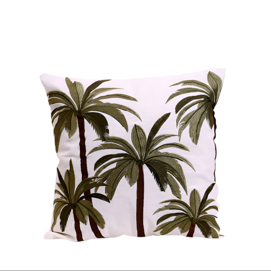 Palm Jungle Embroidered Cushion Cover 45x45cm - Green Brown