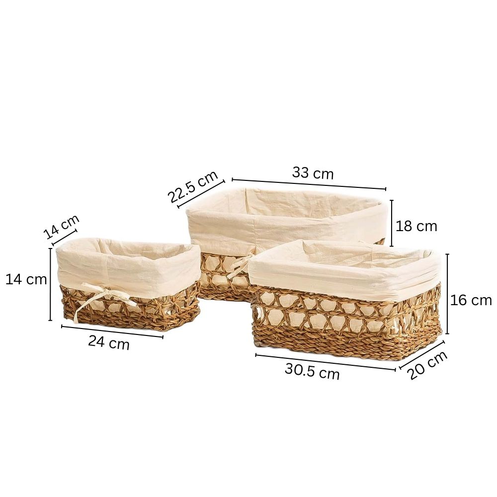 Seagrass Braided Lined Storage Baskets Tall, Set of 3 - Natural