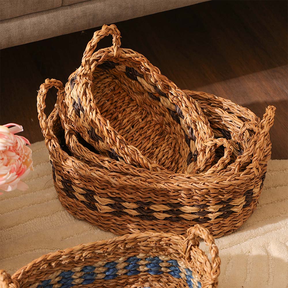 Seagrass Checkered Oval Storage Baskets, Set of 3 - Natural Black