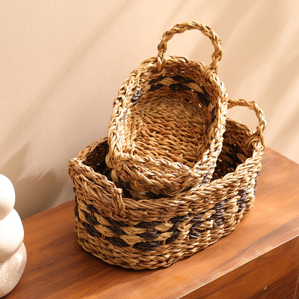 Seagrass Checkered Oval Storage Baskets, Set of 3 - Natural Black
