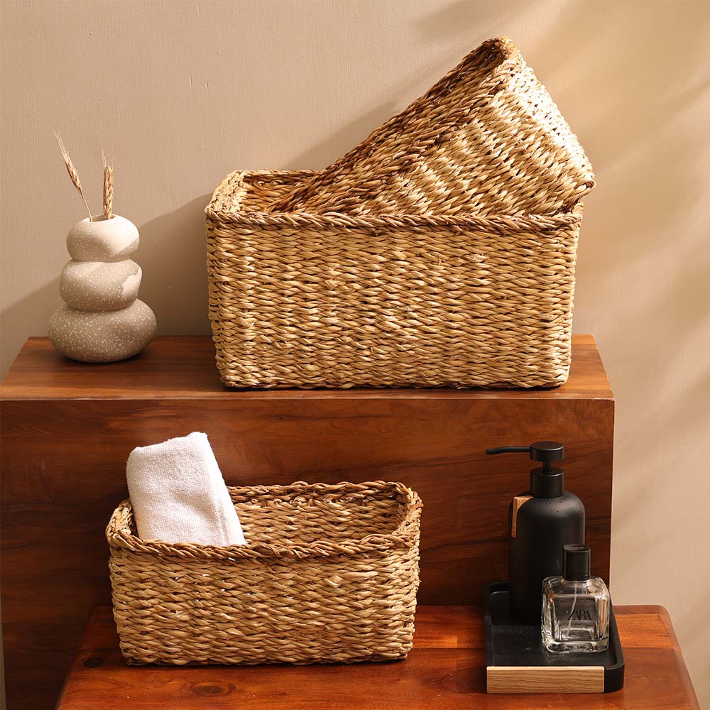 Seagrass Storage Baskets, Set of 3 - Beige Brown