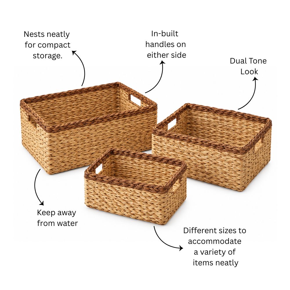 Seagrass Storage Baskets, Set of 3 - Beige Brown