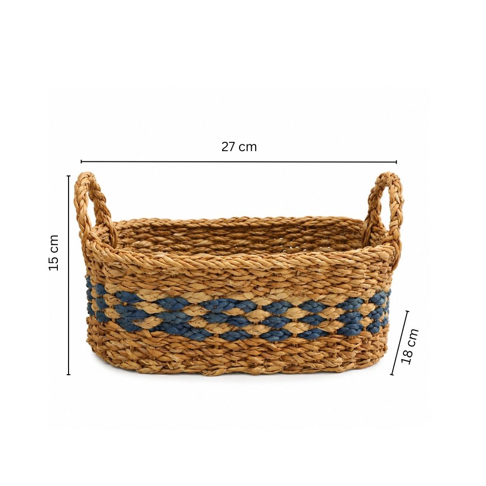 Seagrass & Jute Checkered Oval Storage Basket Medium - Natural Blue