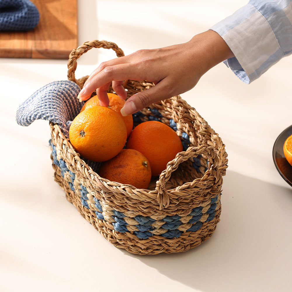 Seagrass & Jute Checkered Oval Storage Basket Small - Natural Blue