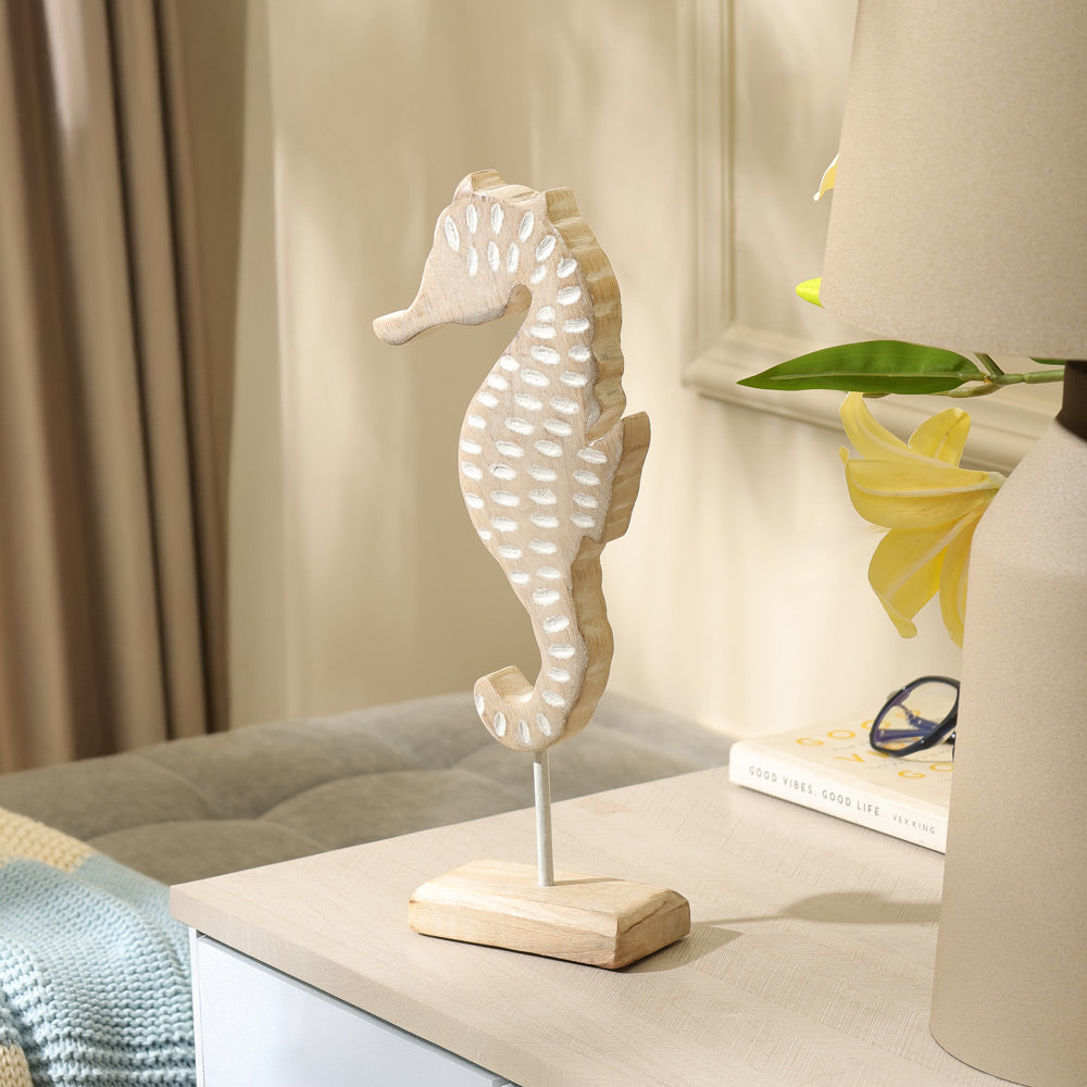 Seahorse Mango Wood Sculpture Small - Vintage White
