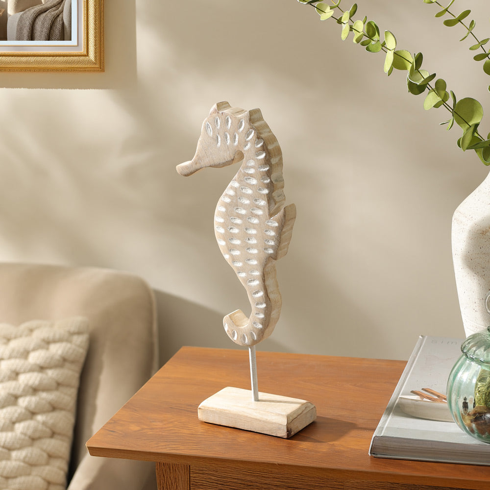 Seahorse Mango Wood Sculpture Small - Vintage White