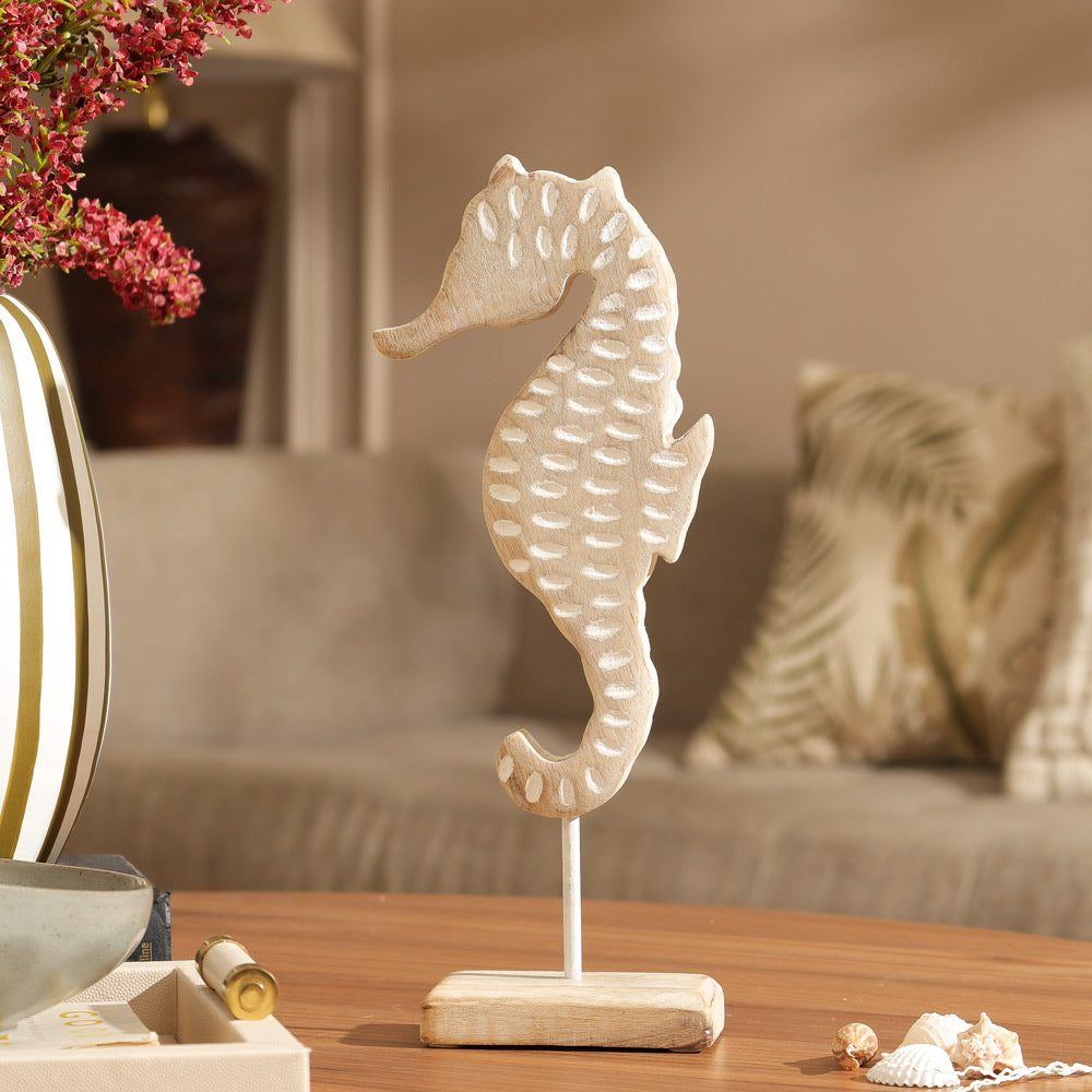 Seahorse Mango Wood Sculpture Small - Vintage White