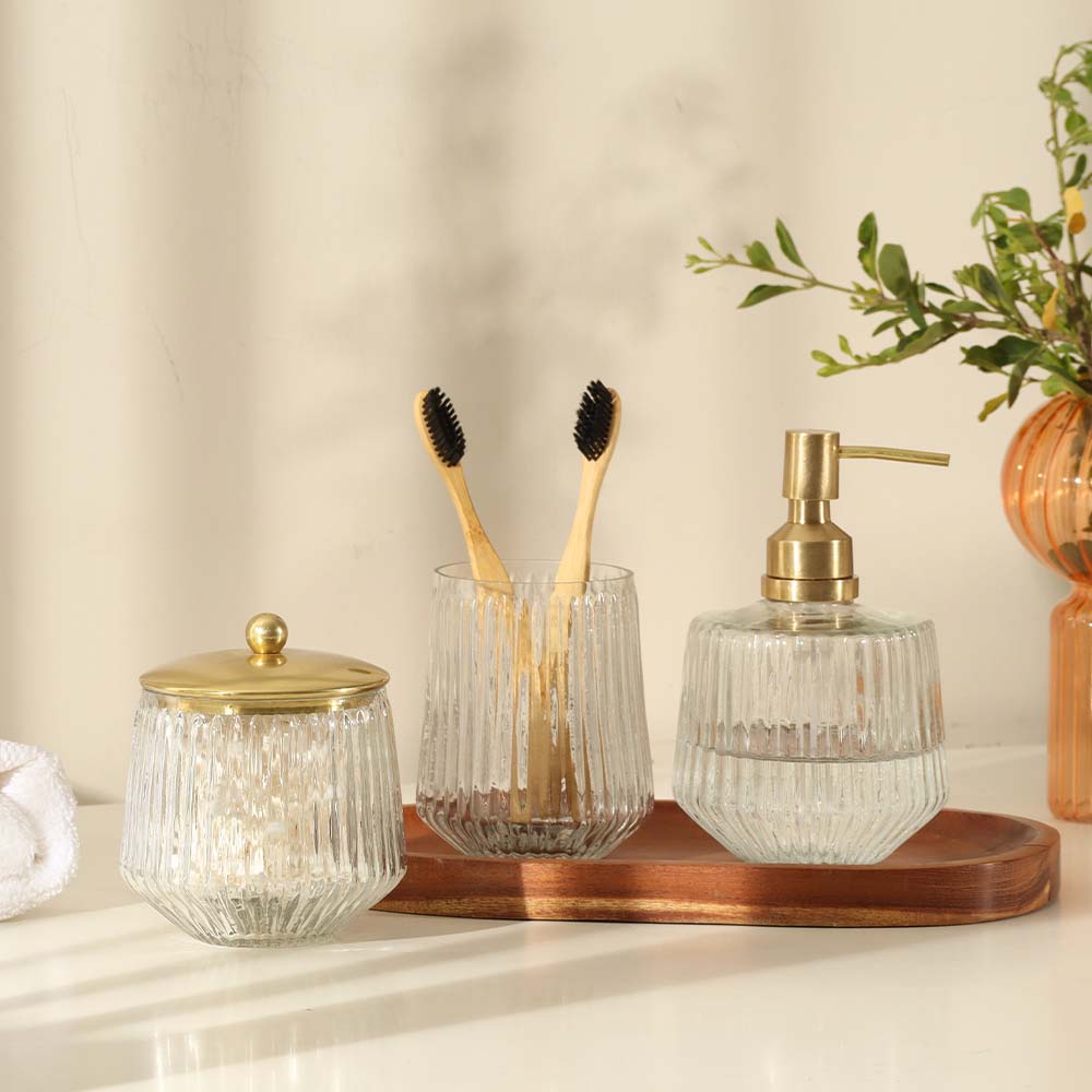 Ribbed Glass and Brass Soap Dispenser - Clear Gold