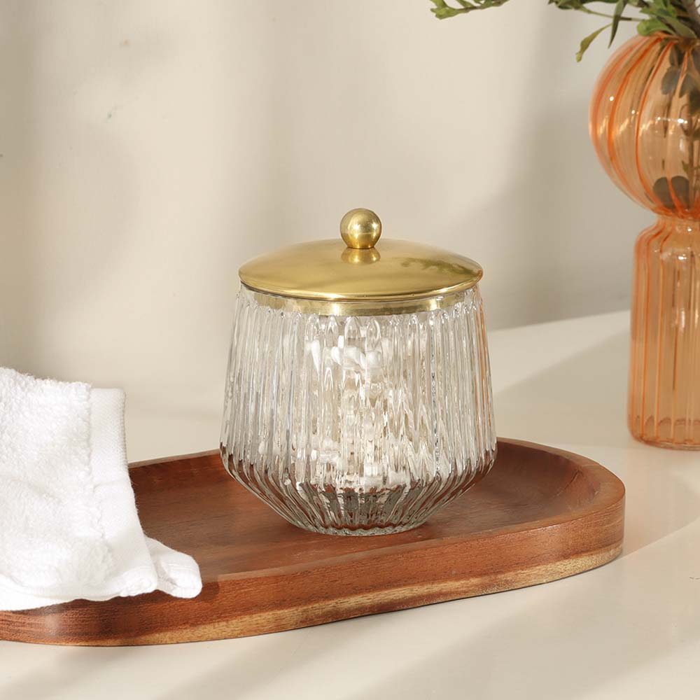 Ribbed Glass and Brass Storage Jar - Clear Gold
