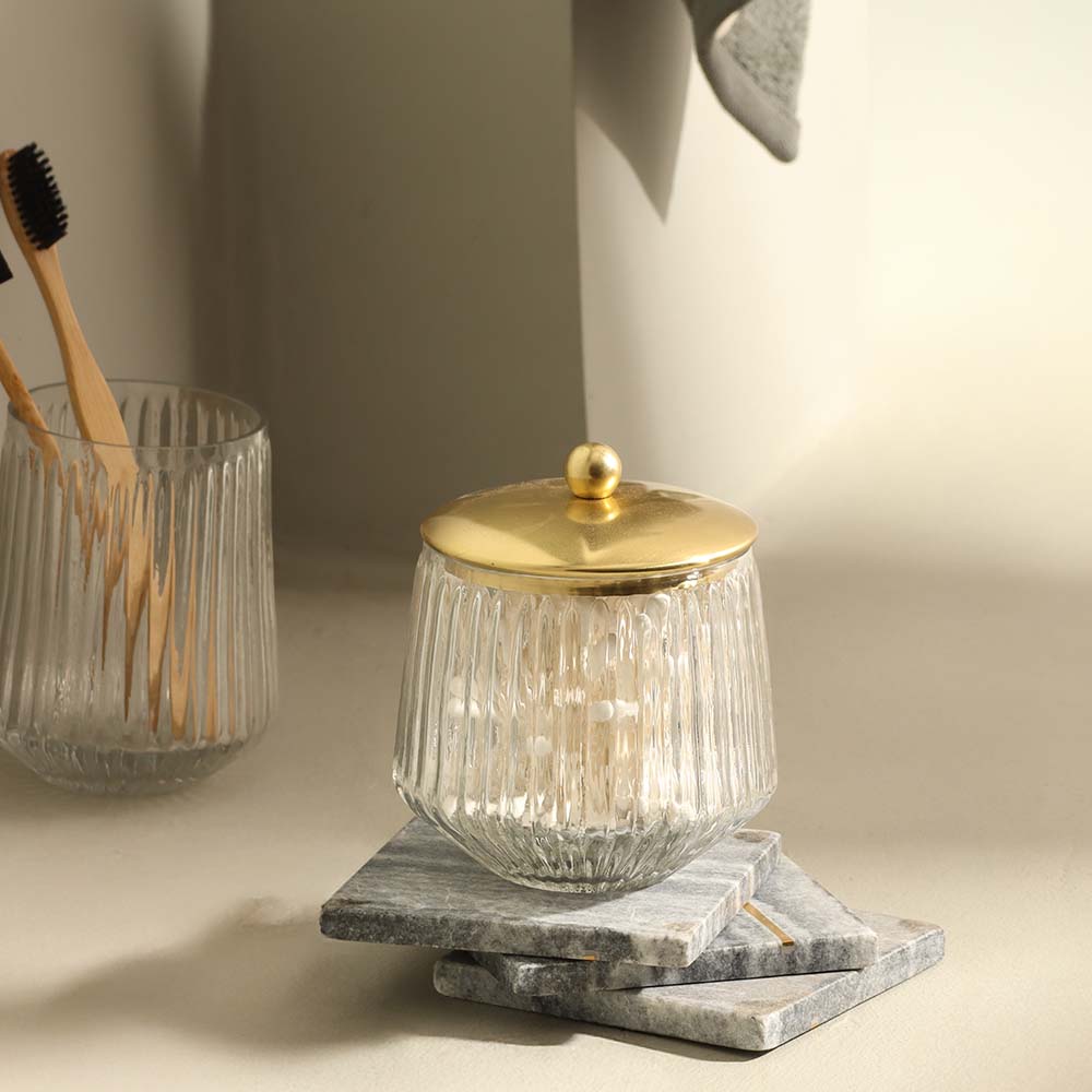 Ribbed Glass and Brass Storage Jar - Clear Gold