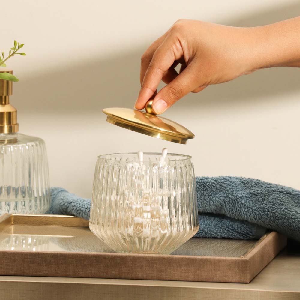 Ribbed Glass and Brass Storage Jar - Clear Gold