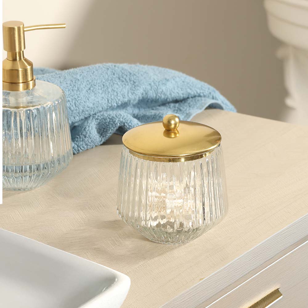 Ribbed Glass and Brass Storage Jar - Clear Gold