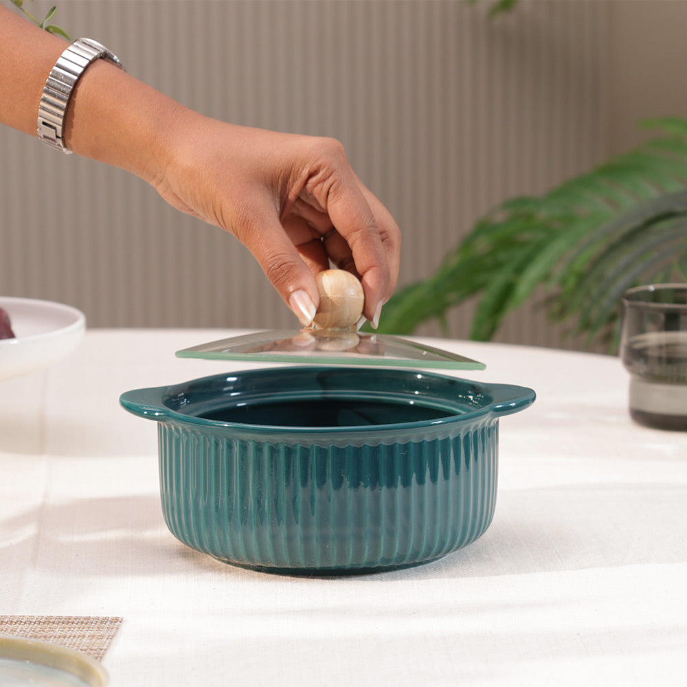 Shire Ceramic Serving Pot with Glass Lid - Dark Green