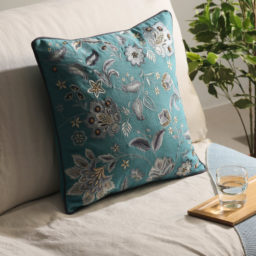 Sierra Beaded Embroidered Cushion Cover 45x45cm - Azure