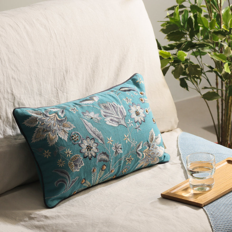 Sierra Beaded Embroidered Rectangular Cushion Cover 50x30cm - Azure
