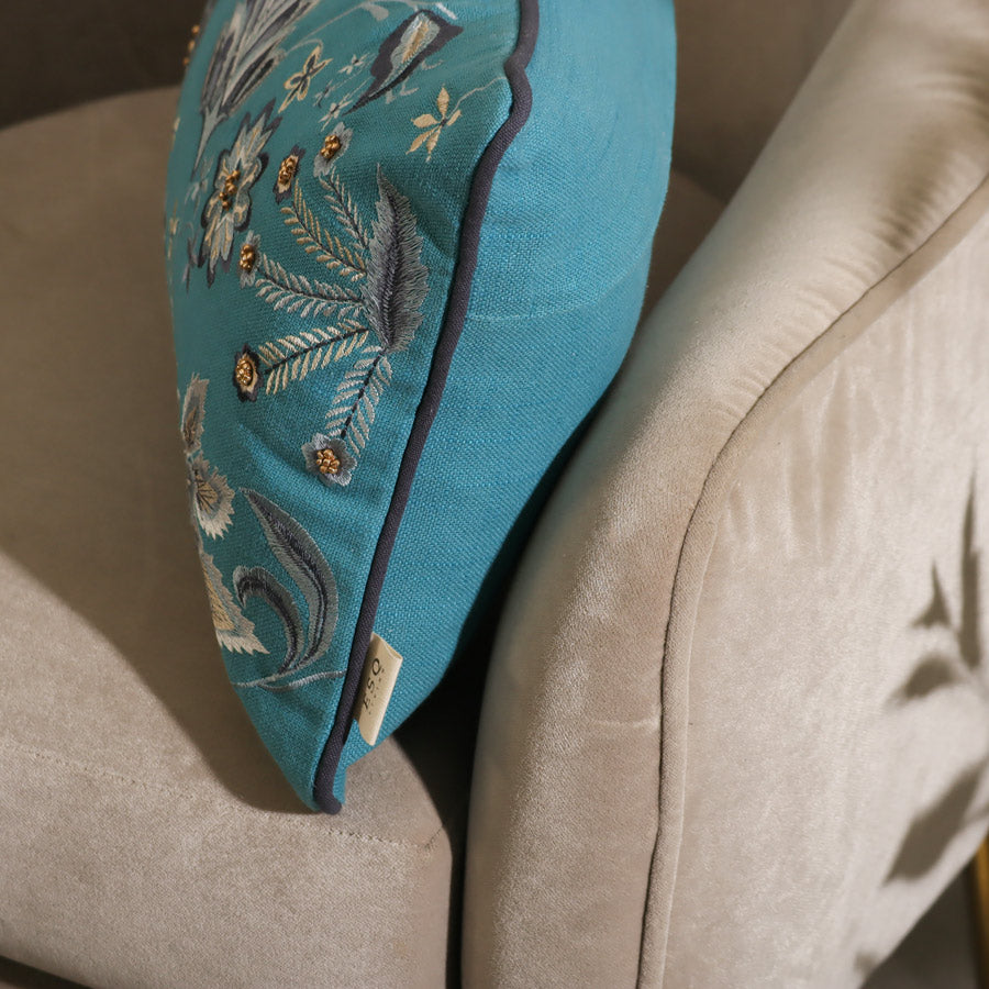 Sierra Beaded Embroidered Rectangular Cushion Cover 50x30cm - Azure