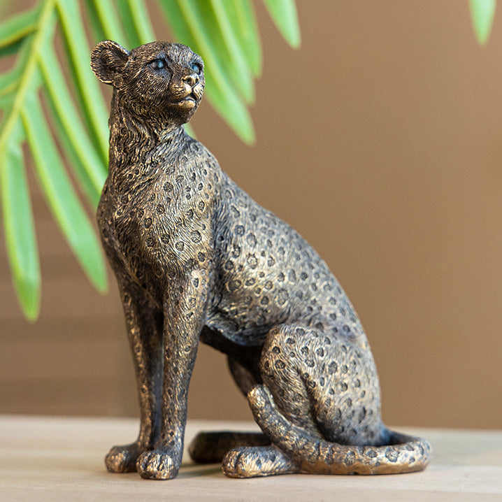 Sitting Cheetah Sculpture Small - Dull Gold