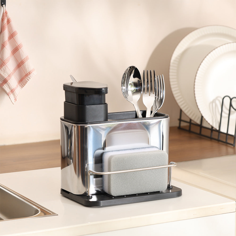 Soap Dispenser with Brush Holder and Sponge Tray - Silver Black