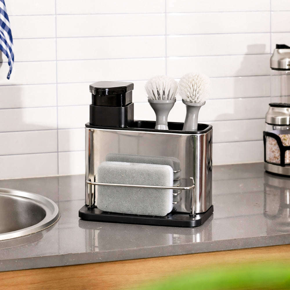 Soap Dispenser with Brush Holder and Sponge Tray - Silver Black