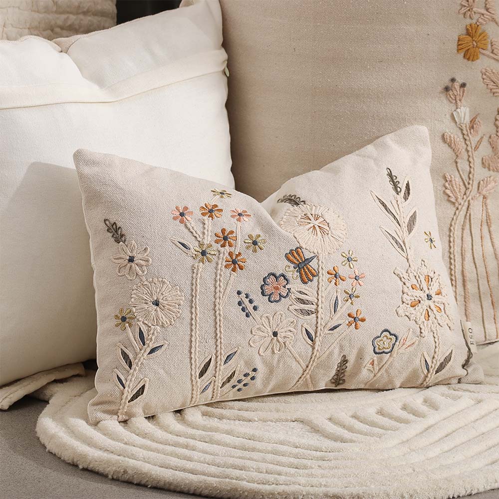 Spring Meadow Embroidered Cushion Cover 30x45cm - Gold Beige