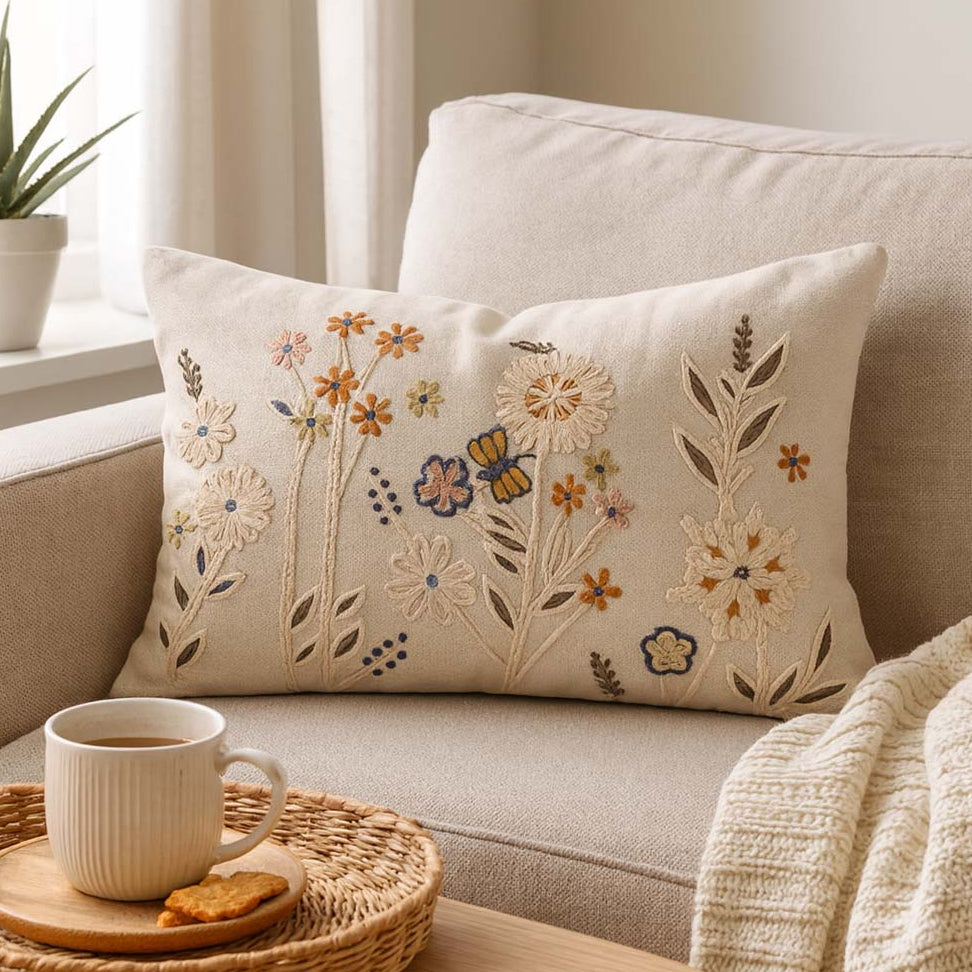 Spring Meadow Embroidered Cushion Cover 30x45cm - Gold Beige