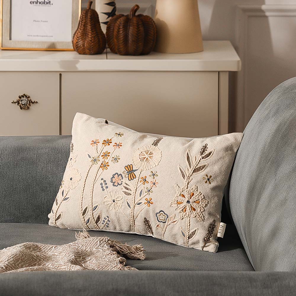 Spring Meadow Embroidered Cushion Cover 30x45cm - Gold Beige