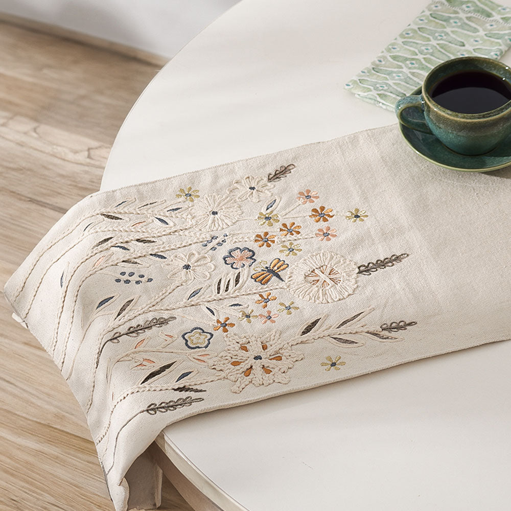Spring Meadow Embroidered Table Runner - Gold Beige