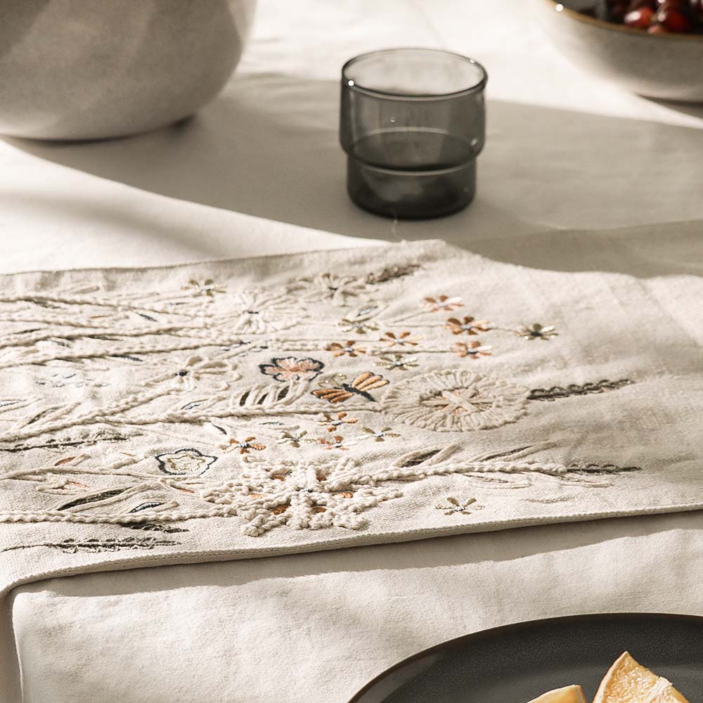 Spring Meadow Embroidered Table Runner - Gold Beige