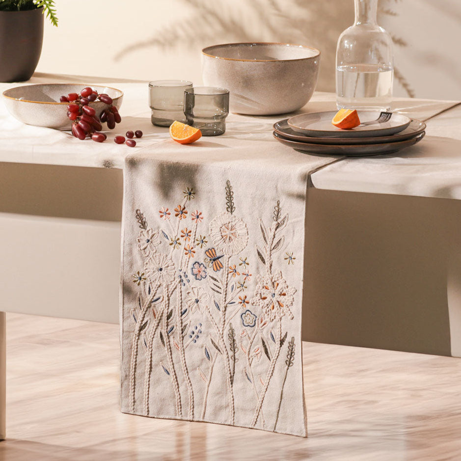 Spring Meadow Embroidered Table Runner - Gold Beige