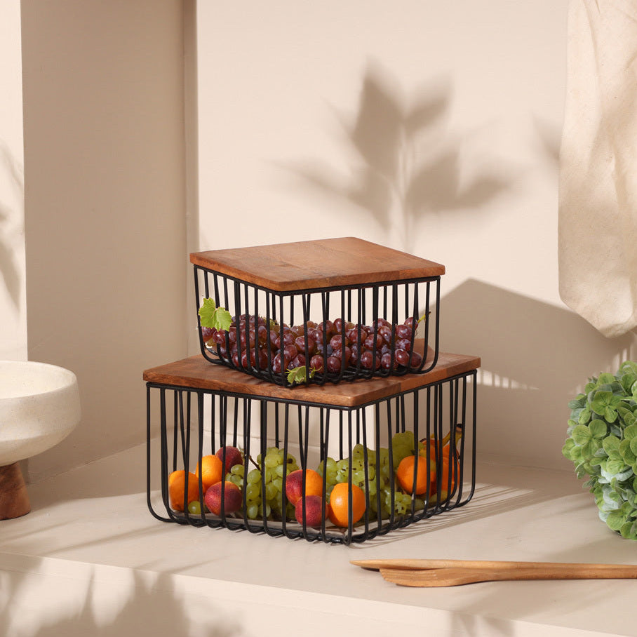 Stackable Square Wire Baskets with Lids, Set of 2 - Black