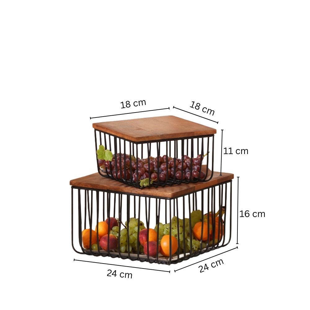 Stackable Square Wire Baskets with Lids, Set of 2 - Black