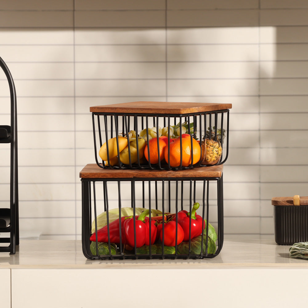 Stackable Square Wire Baskets with Lids, Set of 2 - Black