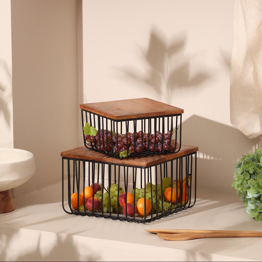 Stackable Square Wire Baskets with Lids, Set of 2 - Black
