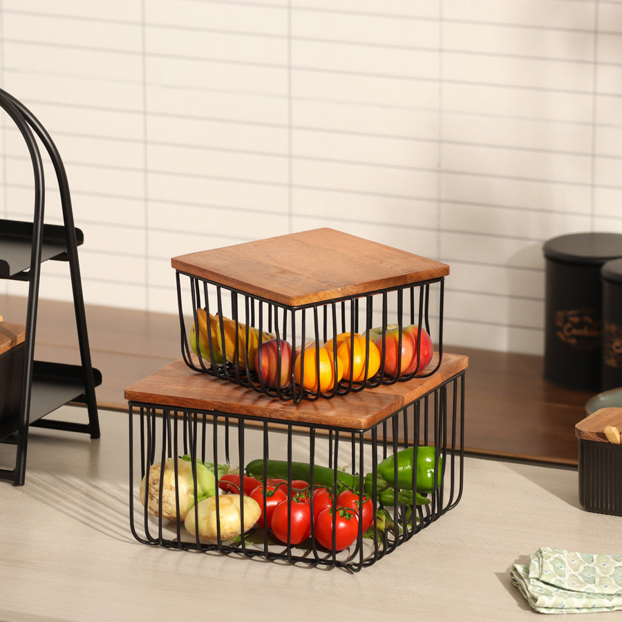 Stackable Square Wire Baskets with Lids, Set of 2 - Black