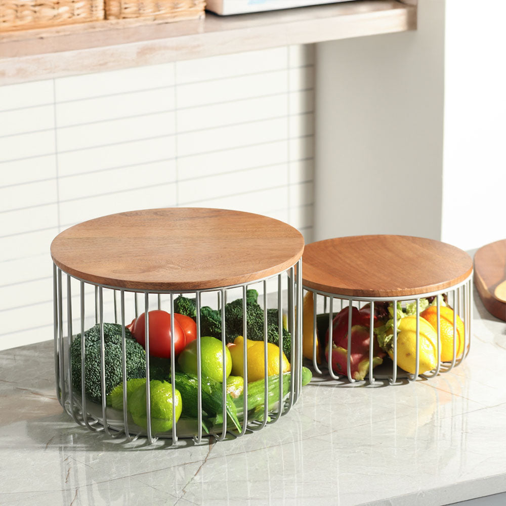 Stackable Wire Storage Baskets with Lids, Set of 2 - Grey